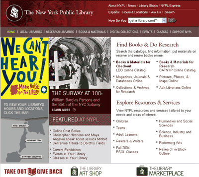 Pantallazo del sitio web de la biblioteca pública de Nueva York